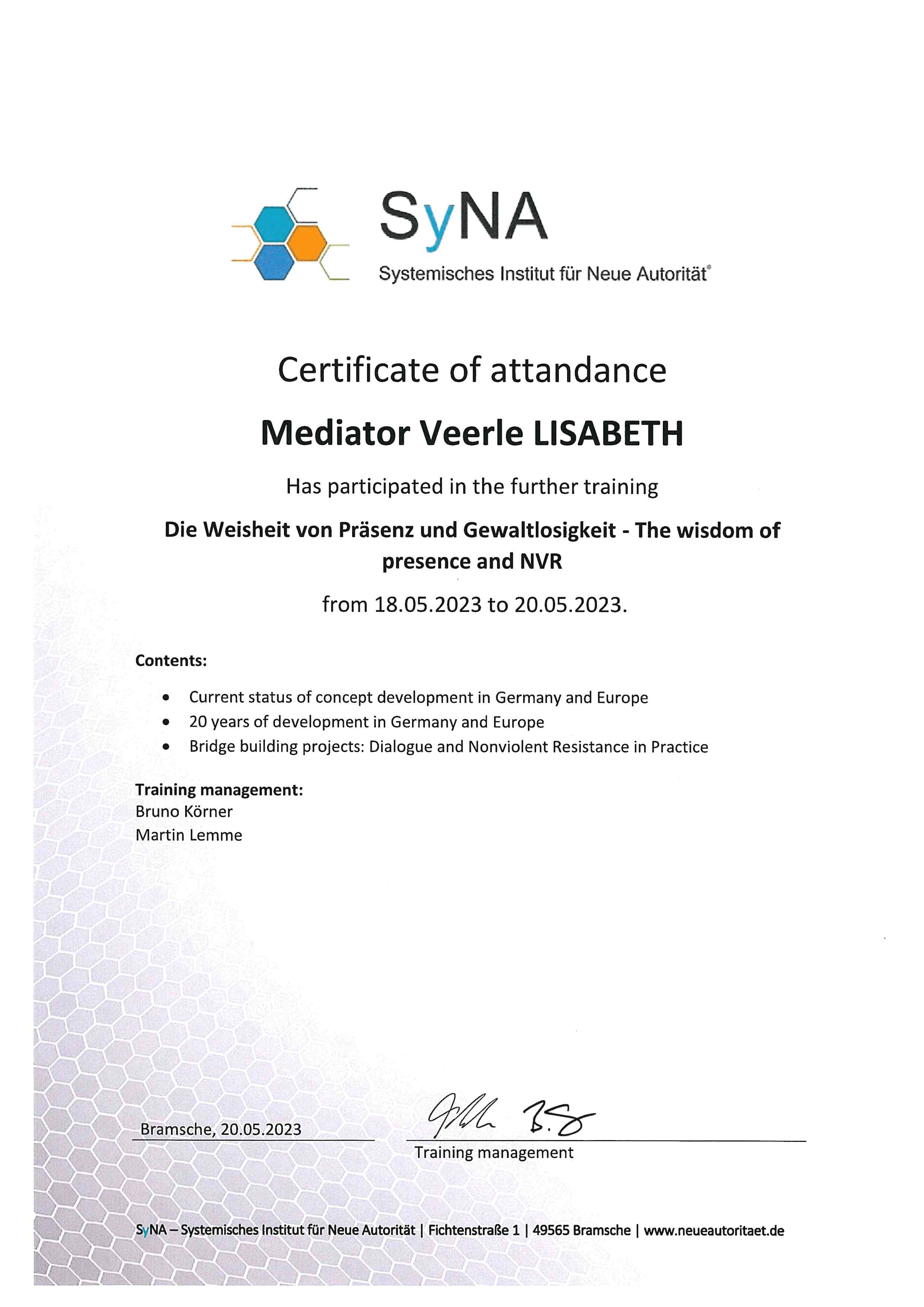Certificaat - The wisdom of presence and NVR - Veerle Lisabeth